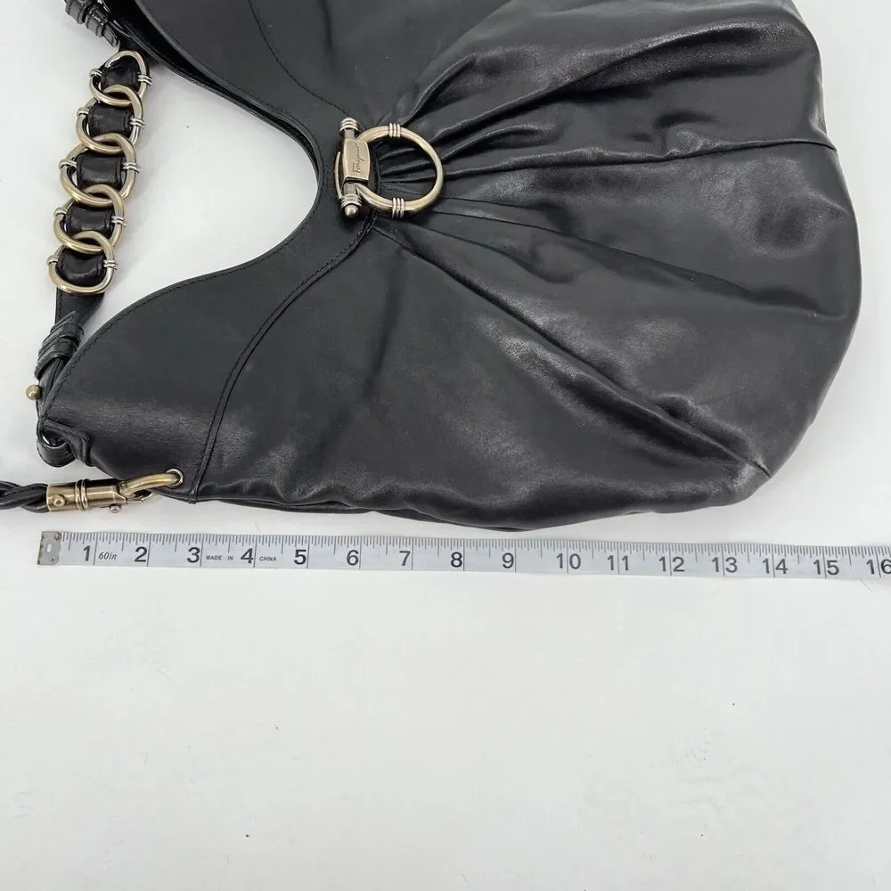 Salvatore Ferragamo Shoulder Bag Leather Black Security Clasp Calf Leather Hobo - Picture 16 of 16
